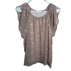 Gilli Blouse Women's Small Beige Floral Short Sleeve Ruffle Lined Casual